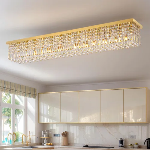Miniatura 10 de Siljoy Candelabro de Cristal Moderno de 6 Luces Rectangular Dorado K9 Candelabro de Cristal en Forma de Gota de Lluvia para Comedor, Lámpara