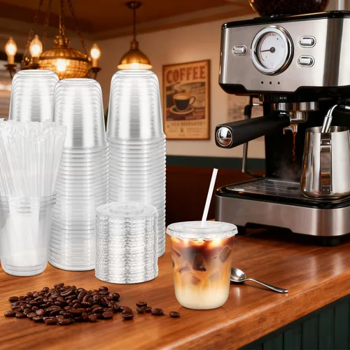 Miniatura 2 de 100 piezas de 12 onzas. Vasos desechables de plástico con tapas planas y popotes transparentes, vasos de fondo redondo para llevar café helado