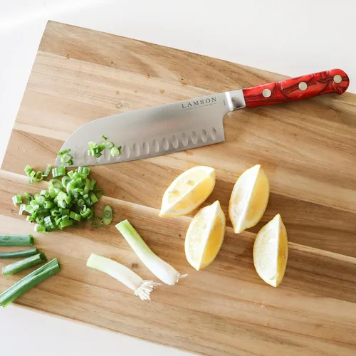 Miniatura 3 de Lamson Cuchillo Santoku de mango de fuego forjado Premier de 7 "con borde Kullenschliff (festoneado)