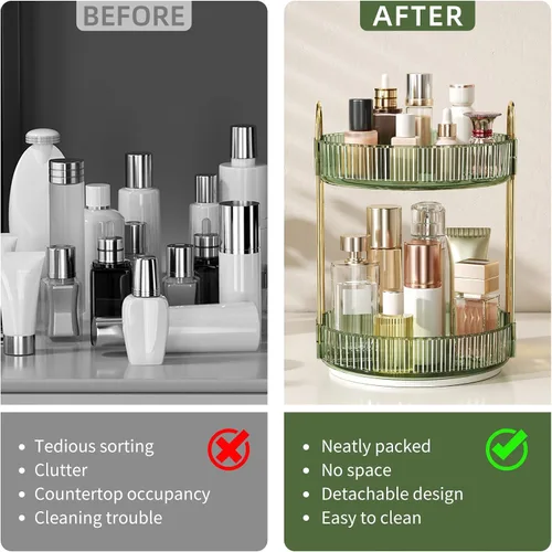 Miniatura 2 de Organizador de maquillaje giratorio de 360°, organizador de cuidado de la piel de gran capacidad, organizador de perfume para tocador de dos