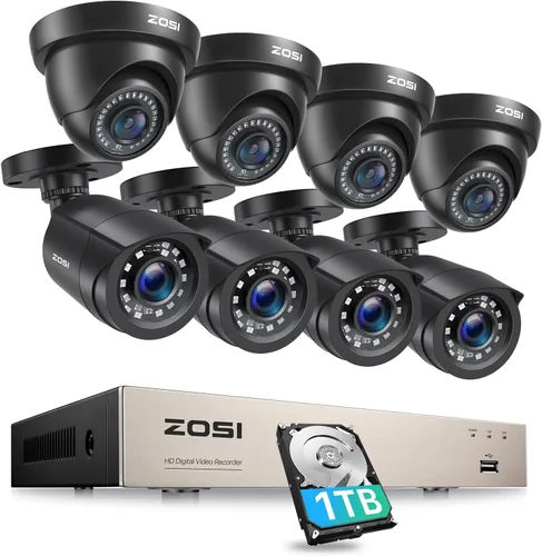 ZOSI Sistema de cámara de seguridad Lite de 8CH 5MP para exteriores con disco duro de 1TB, 8 canales H.265+ 5MP Lite CCTV DVR y 8X1920TVL 1080P
