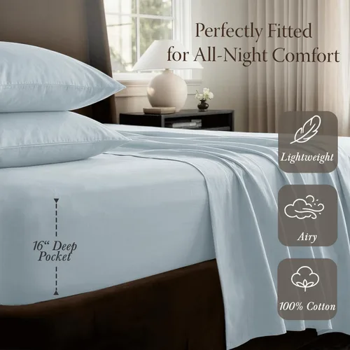 Miniatura 3 de Threadmill Home Linen juego de sábanas de 400 hilos, 100% algodón, ropa de cama de lujo, tamaño King, juego de 4 unidades, tela satinada suave Azul
