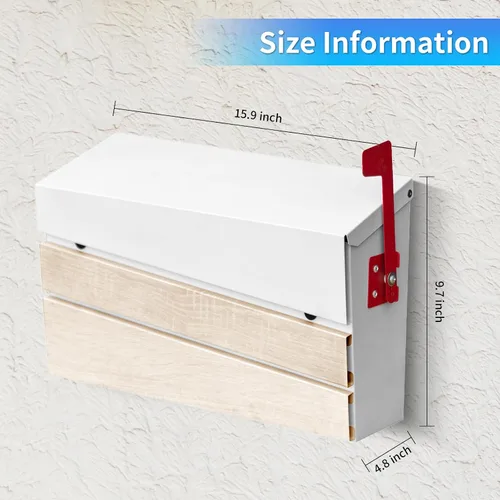 Miniatura 4 de Buzones de correo para montaje en pared, buzón moderno con panel de madera de nogal blanco, buzón de acero galvanizado de gran capacidad con bandera