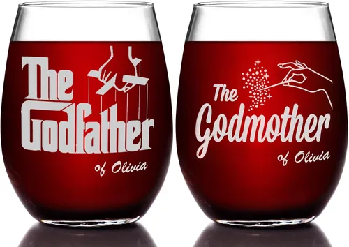 Miniatura 10 de The Godfather Pint & Godmother - Juego de copas grabadas para vino sin tallo con tu texto personalizado, cristalería hecha a mano, regalo