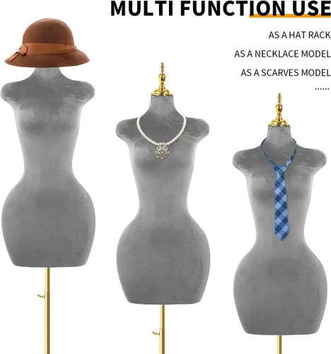 Miniatura 4 de Soporte de trípode de maniquí femenino de terciopelo gris,Maniqui ajustable en altura para cuerda,Maniquí de forma de vestido y exhibición