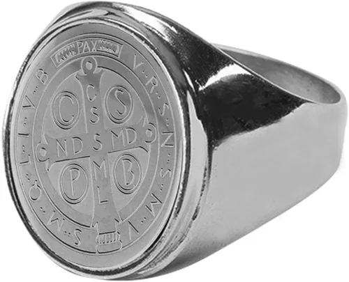 Miniatura 2 de Anillo católico unisex de San Benito de acero inoxidable, anillo católico de San Benito, tarjeta de oración de San Benito incluida, Oro blanco