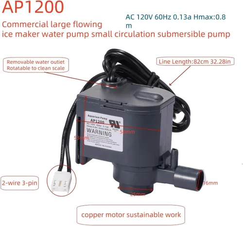 Miniatura 3 de AP1200 AC120V Bomba de agua de máquina de hielo grande comercial Bomba sumergible de circulación pequeña Ajuste para HZB-30F, HZB-38F, HZB-32