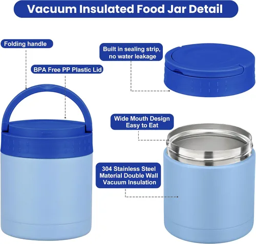 Miniatura 4 de HWONMTE Termo de sopa de 10.5 onzas para comida caliente, para niños y adultos, tarro de alimentos aislado con asa ancho de boca, recipientes de Azul