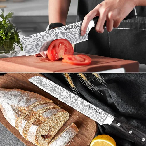 Miniatura 6 de MOSFiATA - Juego de 5 cuchillos de chef, juego de cuchillos de cocina de acero inoxidable de alto carbono alemán con varilla afiladora, juego de 5