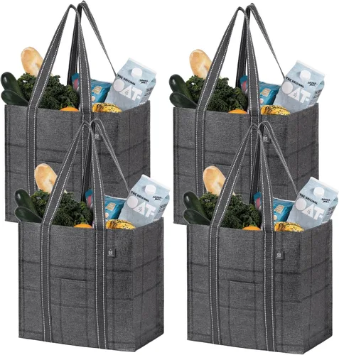 Miniatura 11 de VENO Paquete de 4 bolsas de comestibles reutilizables de Navidad, bolsas de compras resistentes con asas, para carrito de compras con parte inferior