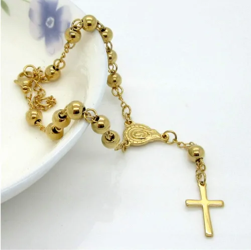 Miniatura 3 de Blowin Rosario de acero inoxidable pulsera de cruz de oración católica ajustable, oro