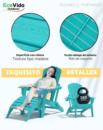 Miniatura 7 de Juego de sillas plegables Adirondack de 3 piezas, respaldo extra alto de 38 pulgadas y grano de madera en relieve, muebles de patio de polietileno
