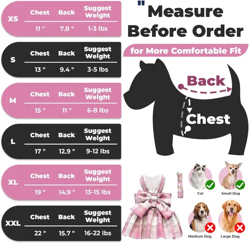 Miniatura 2 de PETCARE Vestido de perro a cuadros con pajarita y arnés para perros pequeños, gatos, niñas, lindos vestidos de princesa para perro, primavera, Rosa