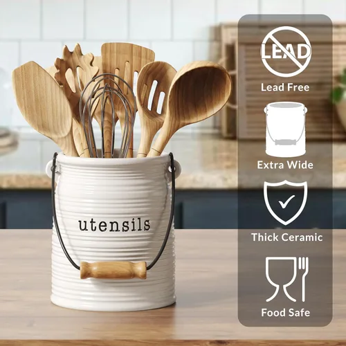 Miniatura 5 de Barnyard Designs Soporte de cerámica para utensilios de cocina de granja para encimera, utensilio decorativo de cocina para encimera, soporte