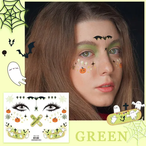 Miniatura 4 de Uranian Tatuajes temporales de Halloween, tatuajes de maquillaje de pecas, telaraña, murciélago, fantasma, calcomanías de maquillaje de cara