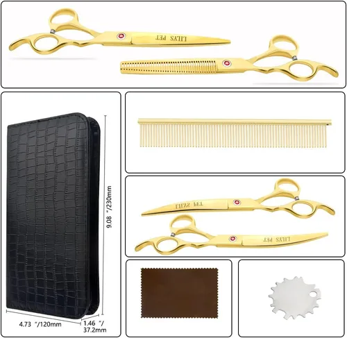 Miniatura 6 de Tijeras de titanio recubiertas de aseo profesional para mascotas para perros, tijeras de corte, curvas y adelgazantes (7.0 pulgadas, doradas)