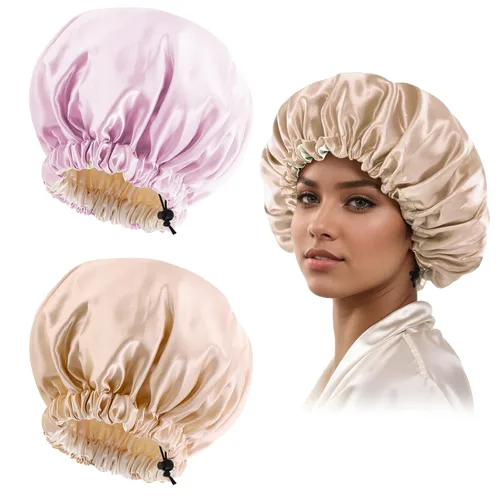 Miniatura 13 de Gorro de seda de satén para cabello rizado, gorro trenzado para dormir, para mujer, grande, doble capa ajustable (2 unidades, negro)