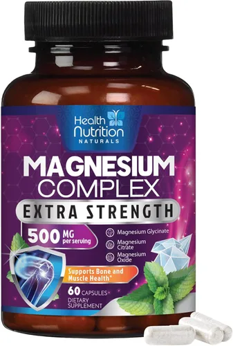 Complejo de magnesio de 500 mg por porción – Cápsulas de polvo de magnesio de absorción máxima para músculos, nervios, huesos y corazón, complejo de