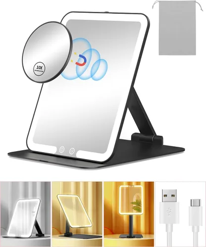 Gospire Espejo de Maquillaje de Viaje con Luces y Aumento 10X, Compacto Portátil de Mesa con Soporte Ajustable, 3 Luces de Colores LED Recargable