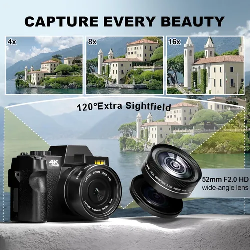 Miniatura 2 de Cámaras digitales 4K para fotografía Cámara de video de 48MP/60FPS para YouTube con pantalla abatible de 3 pulgadas, WiFi de 180°, cámaras de zoom
