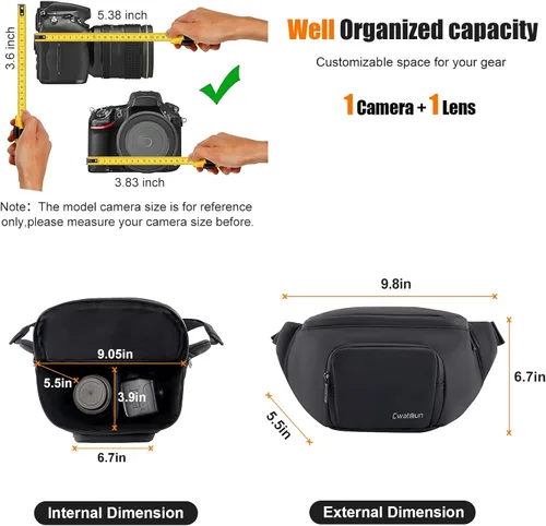 Miniatura 8 de Cwatcun Riñonera impermeable para cámara compacta, ligera y portátil, bolsa cruzada para Canon, Nikon, Sony, Fuji DSLR/SLR/cámara sin espejo, lente