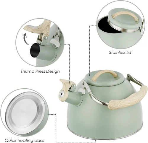 Miniatura 2 de Tetera de 3.0 cuartos de galón para estufa, tetera de acero inoxidable, hervidor de agua de grado alimenticio con mango de madera para café, té