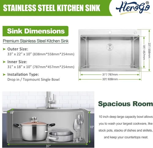 Miniatura 2 de Herogo 25×22 Inch Kitchen Sink, Stainless Steel Drop In Single Bowl 10'' Deep Kitchen Sink with Accessories, for Rv Bar Farmhouse