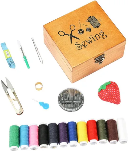 Miniatura 5 de Kit de costura, caja de madera para adultos, cesta de costura de madera con accesorios, kit de reparación de costura para principiantes, mujeres