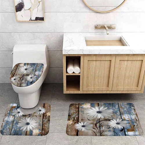Miniatura 2 de Juego de 3 alfombras de baño florales de granja, con citas inspiradoras de margaritas color verde azulado, mariposa, madera rústica, turquesa, azul