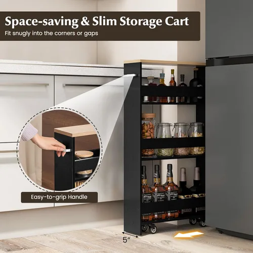 Miniatura 8 de LOKO Carrito de almacenamiento delgado, carrito rodante de 4 niveles con asa y parte superior de madera para cocina, baño, lavandería, sala de negro