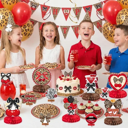 Miniatura 6 de Haooryx Centros de mesa de panal de cereza, guepardo rojo, 12 piezas, estampado de leopardo, lazo negro, decoración de mesa para fiesta