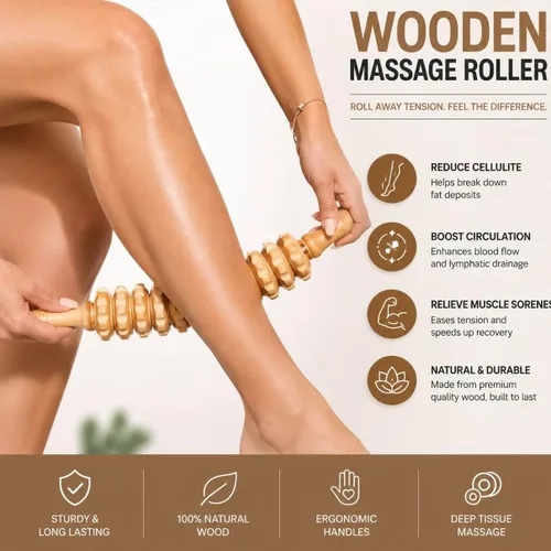 Miniatura 3 de Rodillo de masaje de madera. Diseño curvado para apuntar a diferentes áreas del cuerpo. Alivia la tensión muscular + mejora la circulación + reduce