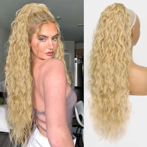 Miniatura 18 de Extensión de cola de caballo con cordón, extensión de cola de caballo larga y rizada para mujeres negras, extensiones de cabello negro de 26