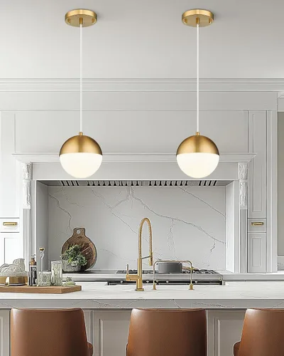 Miniatura 2 de LMS Luces colgantes de mediados de siglo, accesorios de iluminación de isla de cocina de oro cepillado con pantalla de vidrio de globo blanco, cable