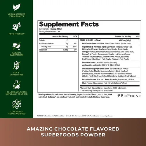 Miniatura 2 de Nutrology Greens & Fruits - Superalimento de origen natural, chocolate (30 porciones) TRIPACT Proteína vegana en polvo, para batidos de proteínas