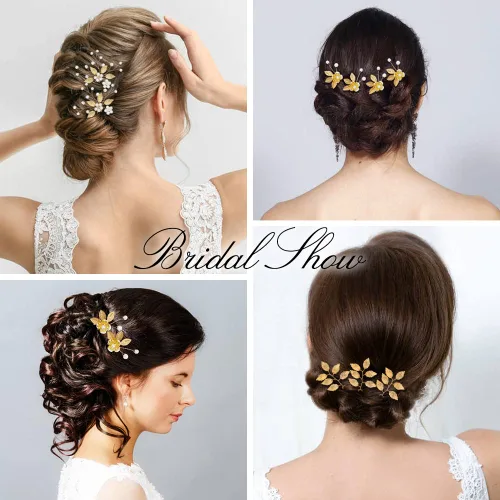 Miniatura 2 de inSowni Paquete de 12 horquillas doradas decorativas para bodas, fiestas de graduación, con hojas de flores, perlas, adornos para tocados de novia
