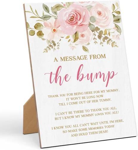 Baby Shower Games a Message from The Bump - Cartel de juego para baby shower, 8 x 11 pulgadas, letrero de juego de madera floral, decoración de mesa