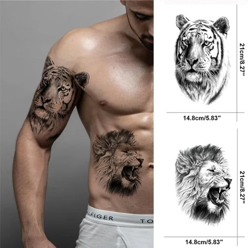 Miniatura 5 de Tatuaje temporal de tigre 3D para hombres y mujeres, gran negro de media manga, realista, animal tigre, tatuaje falso para adultos y adolescentes