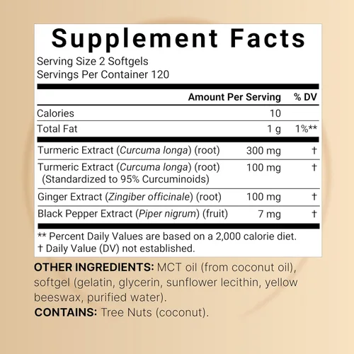Miniatura 2 de Suplemento de curcumina de cúrcuma con pimienta negra y jengibre, 95% curcuminoides, 240 cápsulas blandas con aceite MCT para una mejor absorción