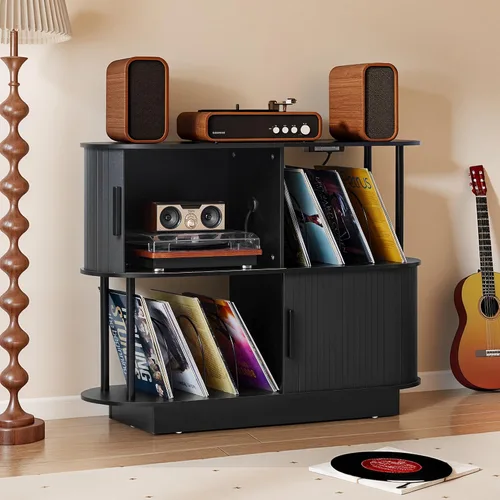 Miniatura 7 de Soporte moderno para tocadiscos con almacenamiento de vinilo, soporte de almacenamiento para tocadiscos negro de 40 pulgadas con puerta corredera