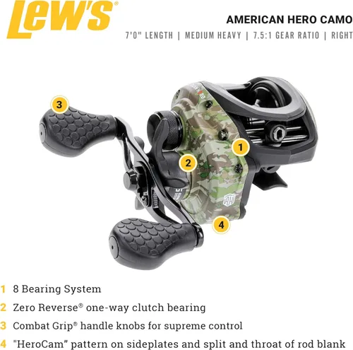 Miniatura 2 de Lew's American Hero - Combo de carrete y caña de pescar de camuflaje, varilla de grafito IM7 de potencia media-pesada de 7 pies, relación