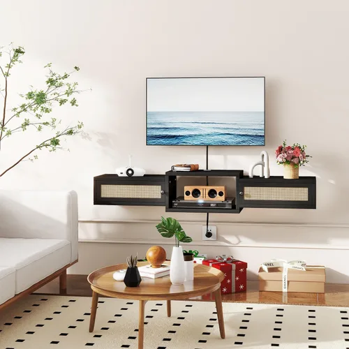 Miniatura 4 de IBUYKE Soporte flotante moderno de ratán para TV con puertas, estante de TV montado en la pared para televisores de hasta 55 pulgadas, consola