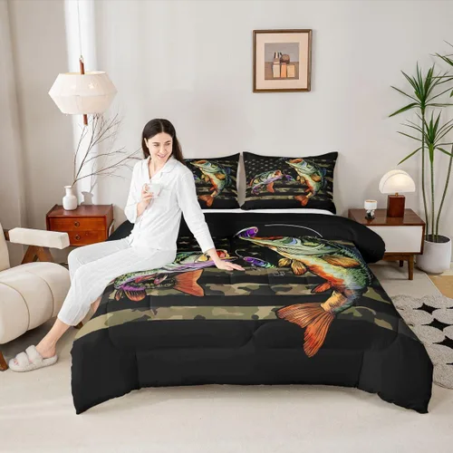 Miniatura 2 de Erosebridal Ropa de cama individual de pesca con bandera estadounidense, edredón de camuflaje para niños y niñas, decoración de caza, relleno