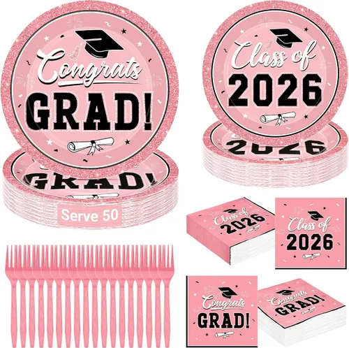 Miniatura 17 de QZYL 200 suministros para fiesta de graduación 2026, platos y servilletas de graduación negros y dorados, platos de postre desechables y tenedores