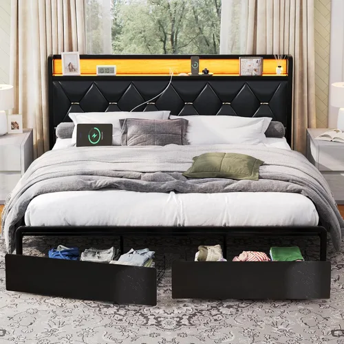 Miniatura 10 de Ailisite Marco de cama plataforma tamaño Queen con cabecero y cajones de almacenamiento, marco de cama plataforma tapizado gris con puerto de carga