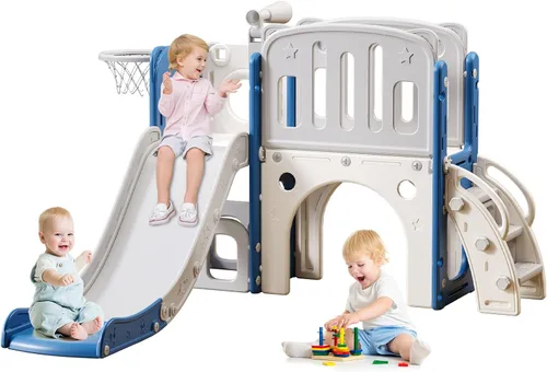 YUYUE Tobogán 8 en 1 para niños pequeños de 1 a 3 años, tobogán extra largo con aro de baloncesto para interiores y exteriores, juego de escalador
