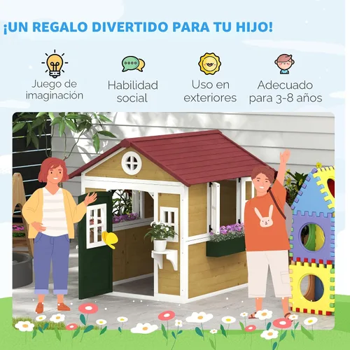 Miniatura 6 de Outsunny - Casa de juegos para niños al aire libre, casa de juegos de madera con puerta holandesa, ventanas, soportes para flores y cajas para niños