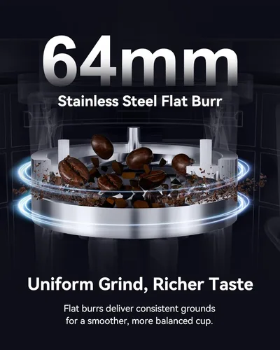Miniatura 2 de MOKKOM Molinillo de café profesional de rebabas planas de 64mm con 100 ajustes de molienda, cuerpo de acero inoxidable totalmente metálico