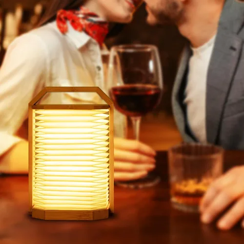 Miniatura 7 de Lámpara portátil de bambú - Linterna japonesa plegable con carga USB, pantalla de papel de fibra resistente a rasgaduras e impermeable, luz de viaje