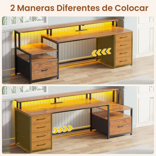 Miniatura 5 de SEDETA Escritorio de oficina en casa con cajón de archivos y toma de corriente, escritorio para computadora de 66 pulgadas con 5 cajones, estantes